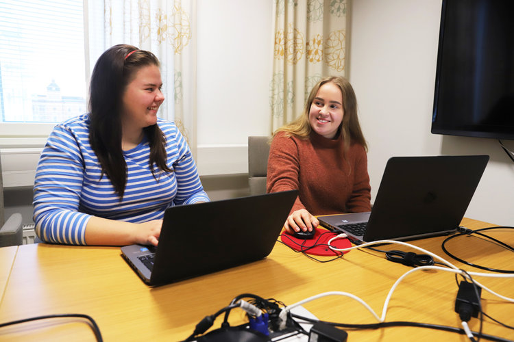 Kuvassa haastateltavat istuvat vierekkäin kannettavien tietokoneiden ääressä.