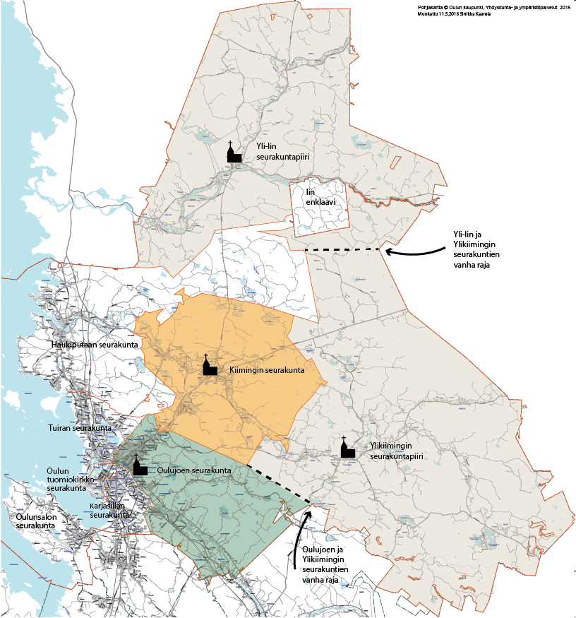 Kartta jossa näkyy Oulun seurakuntien rajat