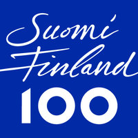 Suomi100-logo, sinisellä pohjalla.