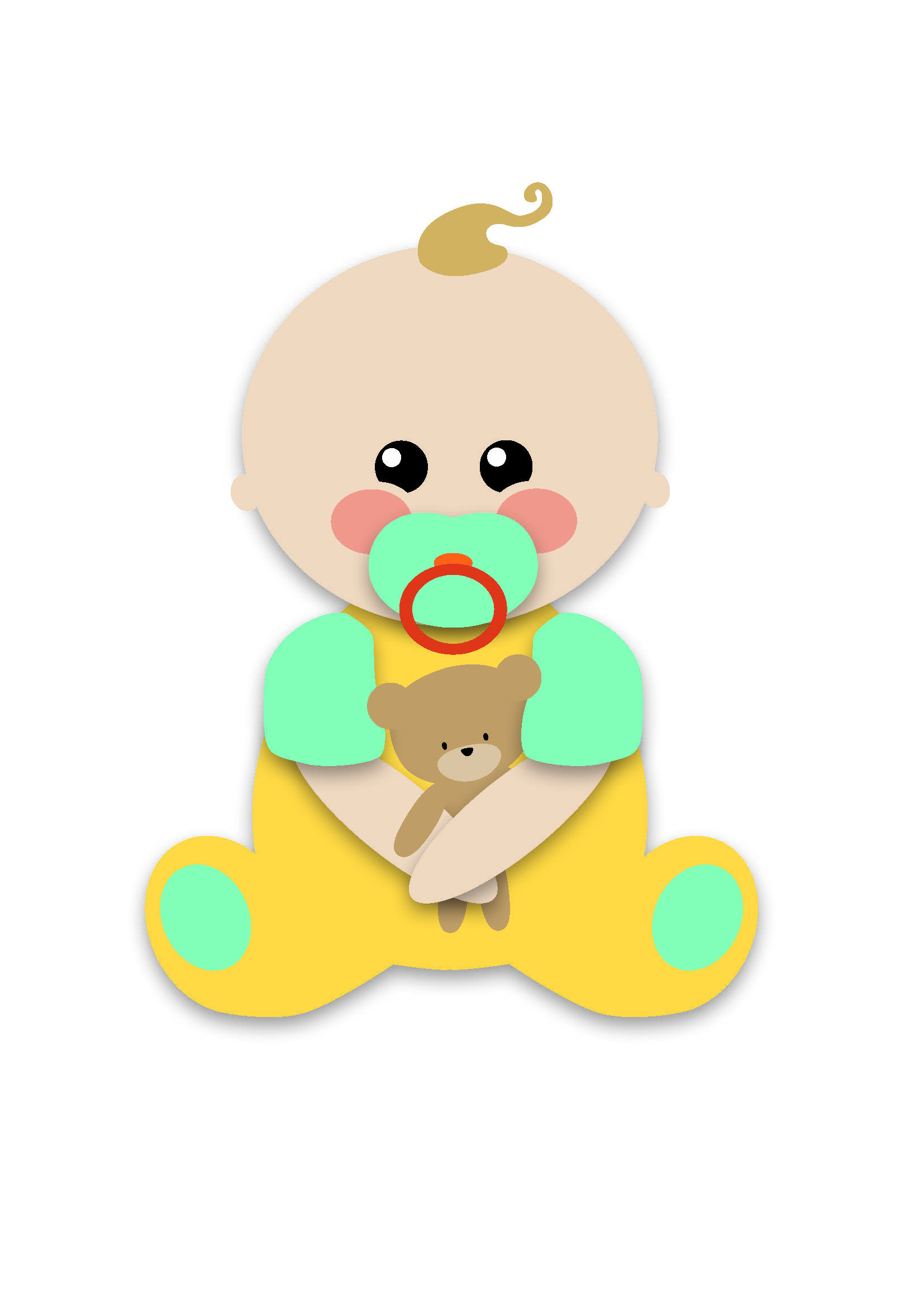 Piirretty vauva, jolla on tutti suussa ja pehmonalle sylissä.