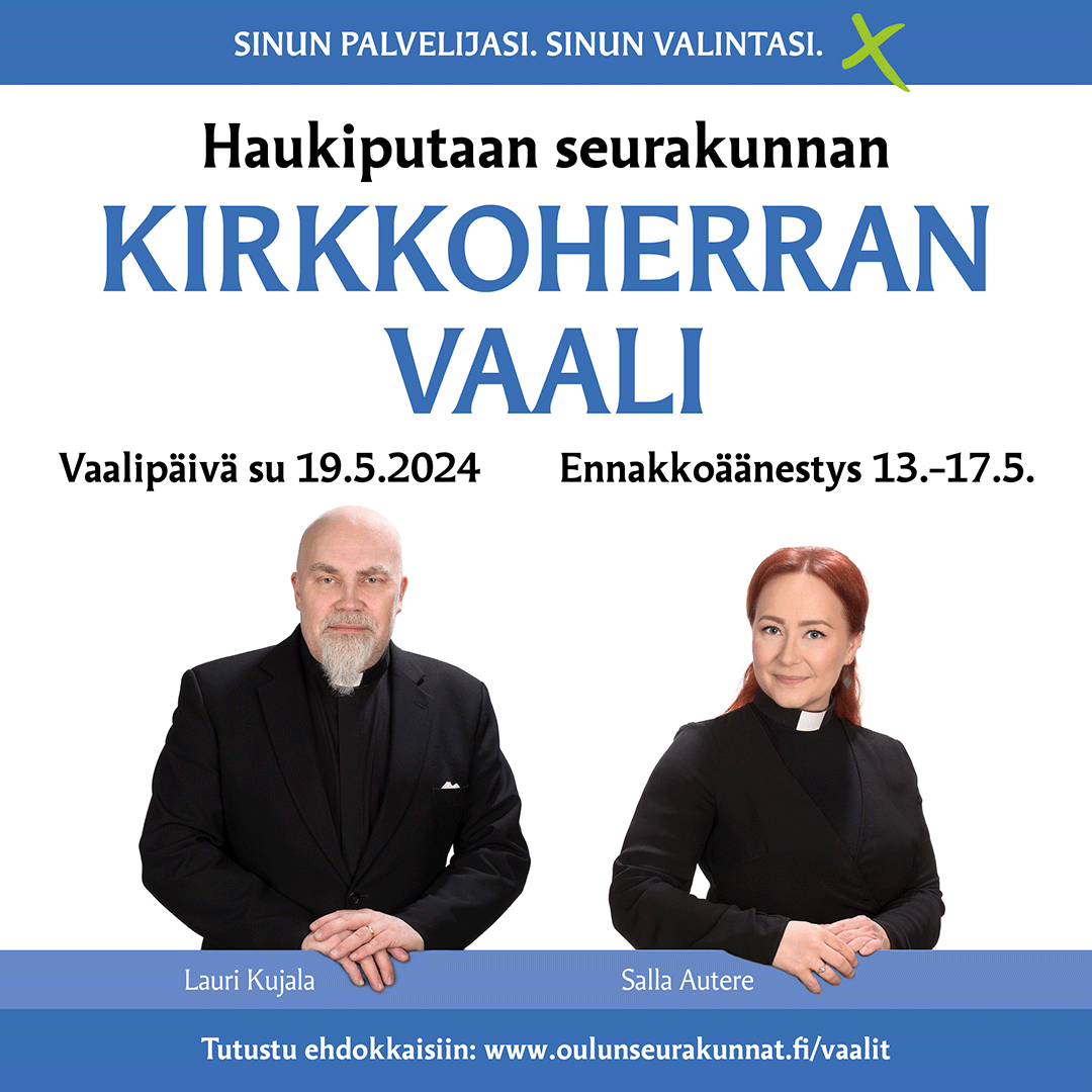 Haukiputaan kirkkoherranvaaliehdokkaat Lauri Kujala ja Salla Autere ja infotekstiä vaaleista.