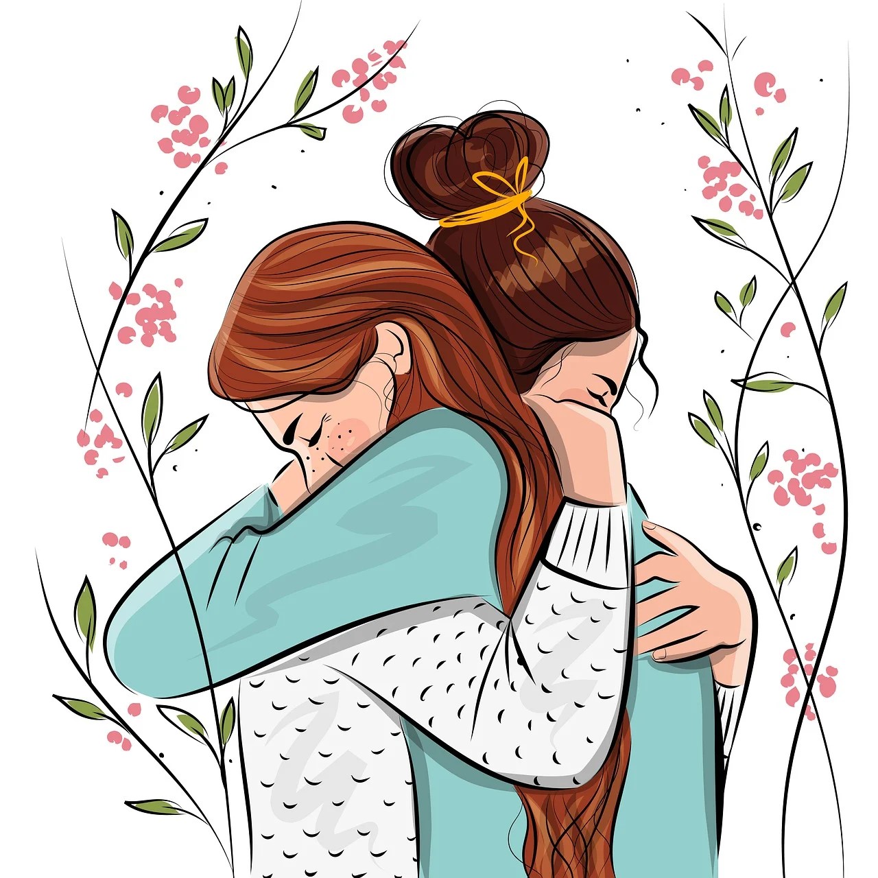 Kaksi naista halaavat toisiaan, reunuksilla kukkaköynnökset