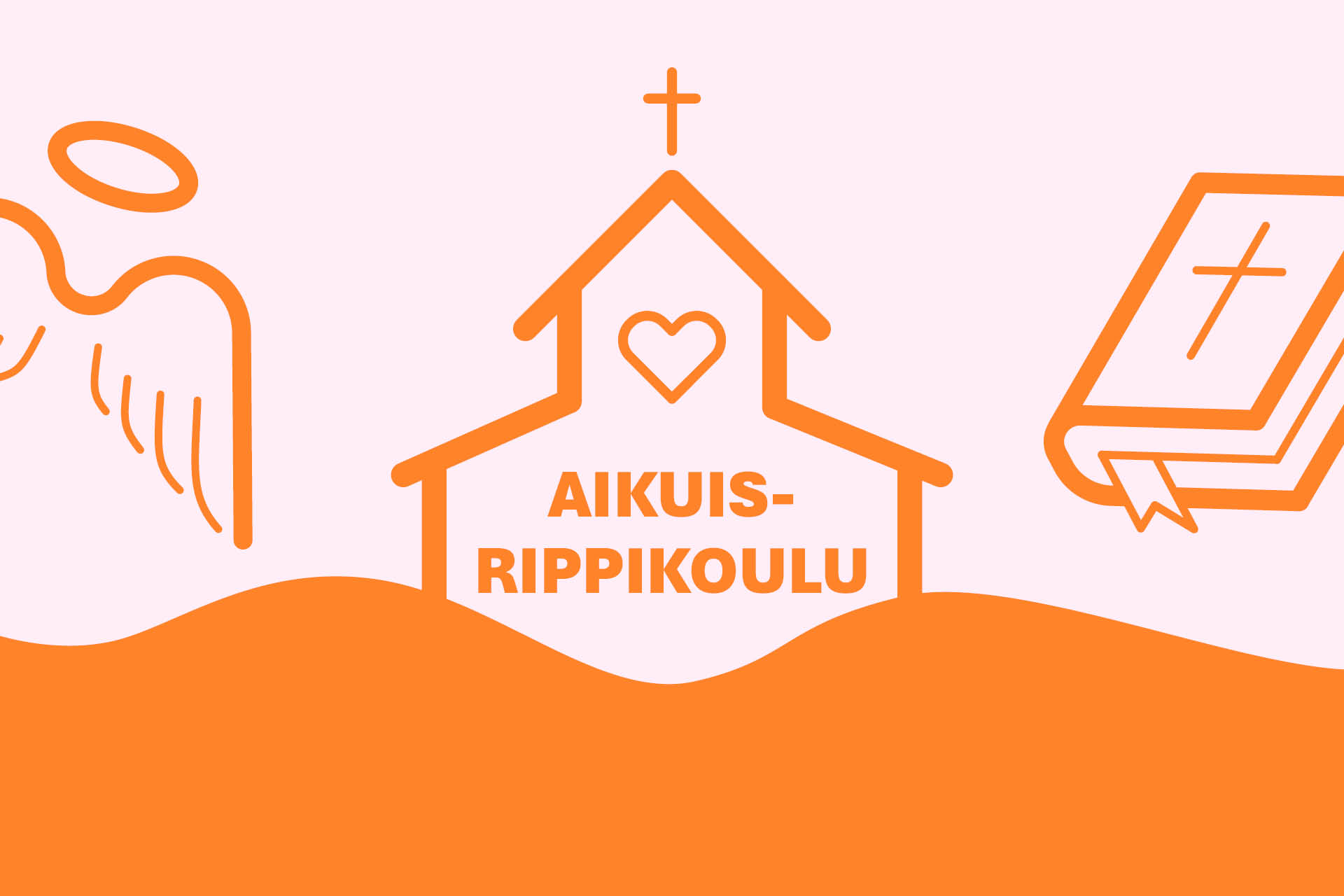 Oulun seurakuntien aikuisripppikoulu 2025. Piirroskuva, jossa hennon vaaleanpunaisella taustalla kirkkaan o...