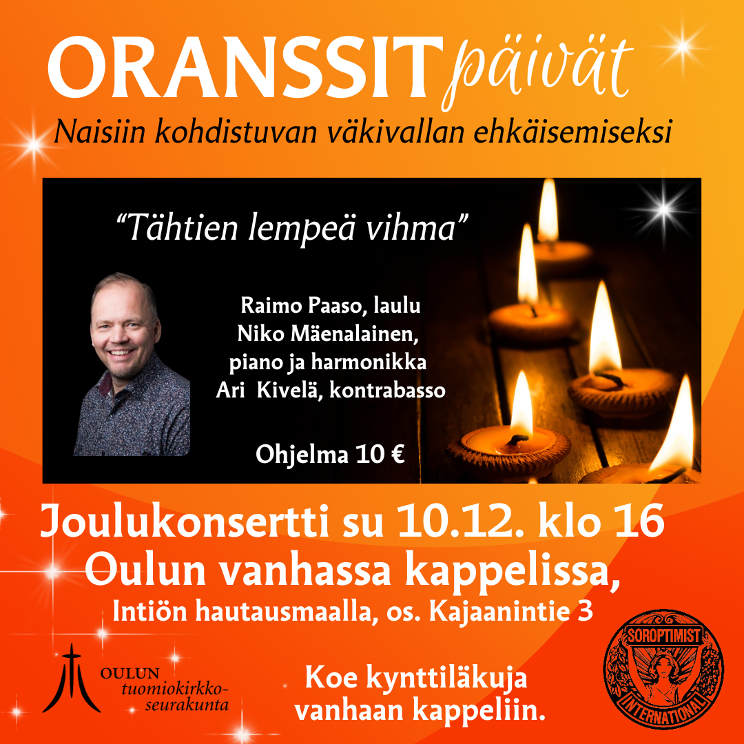 Oranssien päivien mainoskuva. Kuvassa tieto konsertista ja Raimo Paason sekä kynttiläkujan kuva.