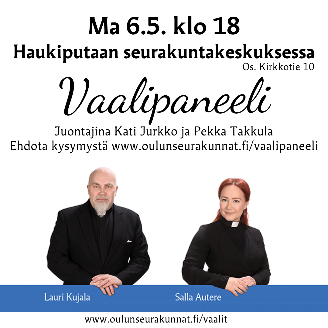Mainos vaalipaneelista, kuvassa ehdokkaat Lauri Kujala ja Salla Autere