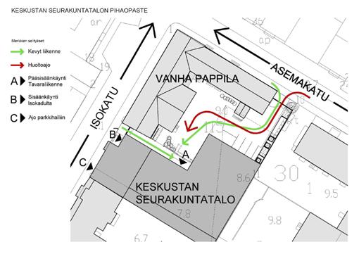 Karttapiirros seurakuntatalon sisäänkäynnin reiteistä Isokadulta ja Asemakadulta