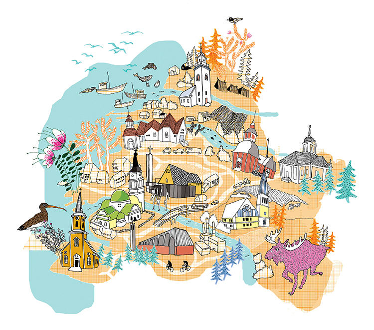Piirroskuva kartasta, jossa kaikki Oulun kirkot