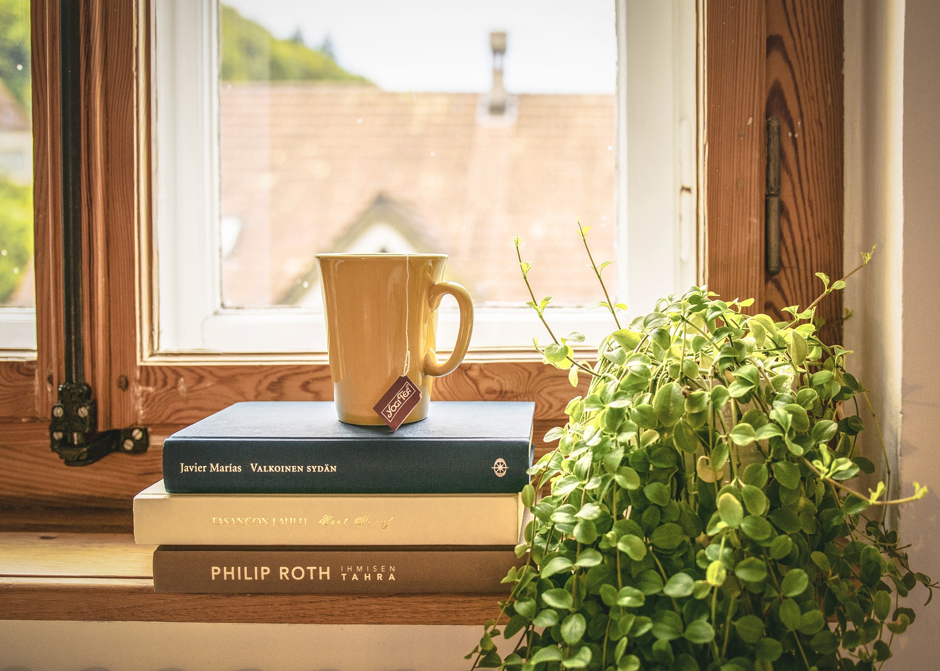 Kirjapino ja teekuppi päällä, ikkunan edessä.