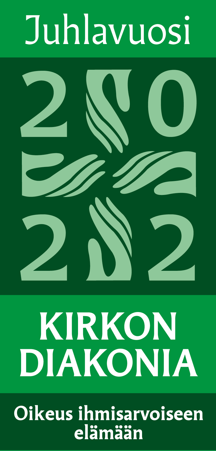 Kirkon diakonian juhlavuoden tunnus. Vihreällä taustalla kädet ja 2022.