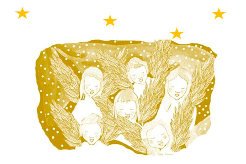 Piirroskuvassa laulaa enkelisiipisiä lapsia.