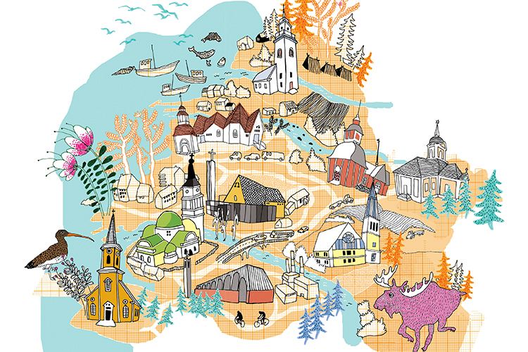 Piirros Oulun kirkot kartalla.