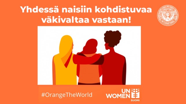Oranssit päivät -kampanjan tunnuskuvassa on kolme naista, jotka hakevat turvaa toisistaan.