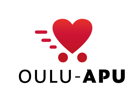 Kuvassa Oulu-avun kauppakärryn näköinen tunnus, jossa on punainen sydän, jonka alla kaksi palloa ja sivussa...