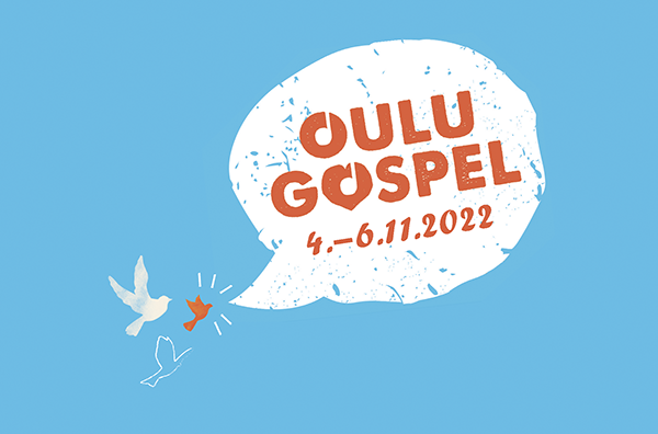 Sinisellä taustalla valkoinen puhekupla, jossa teksti Oulugospel 4.-6.11.2022. Puhekuplan vieressä on lintu...