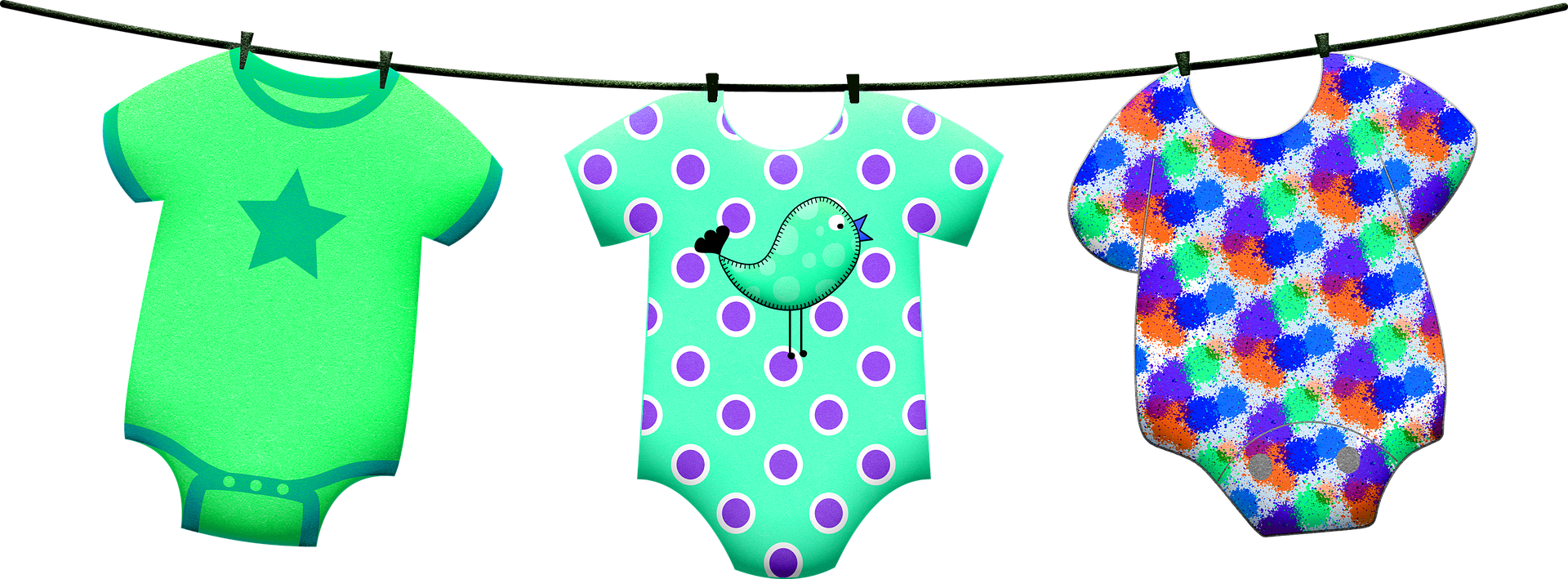 Vauvanvaatteita pyykkinarulla, kuvituskuva. Pixabay.com