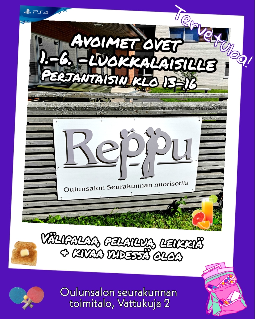 Mainoskuva nuorisotila Repun 1.-6. -luokkalaisten avoimista ovista perjantaisin klo 13-16.