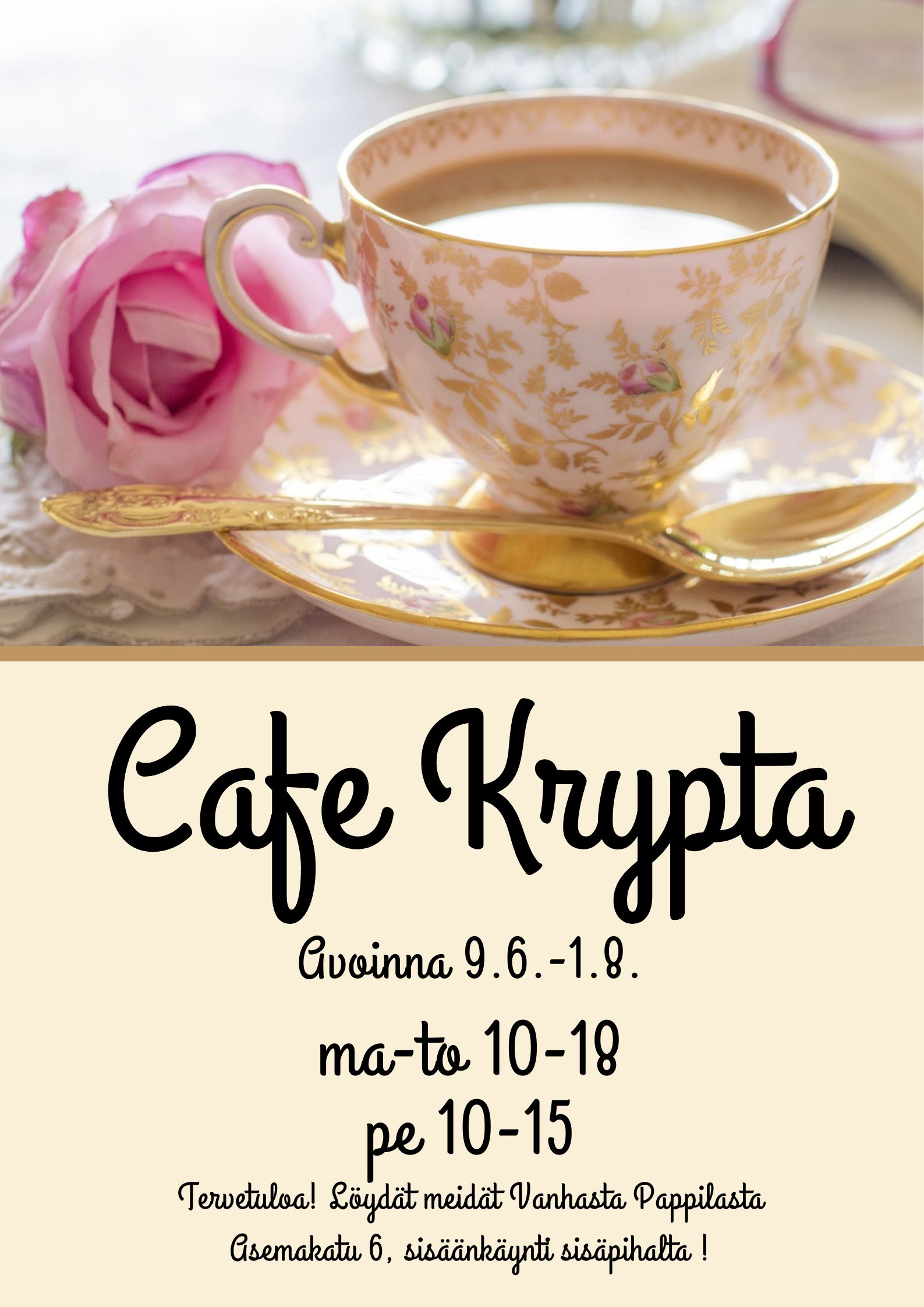 Kesäkahvila Cafe Krypta Vanhassa Pappilassa Cafe Kryptan kesämainos