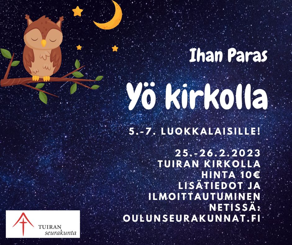 yö kirkolla -mainos. kuvassa tähtitaivas ja pöllö
