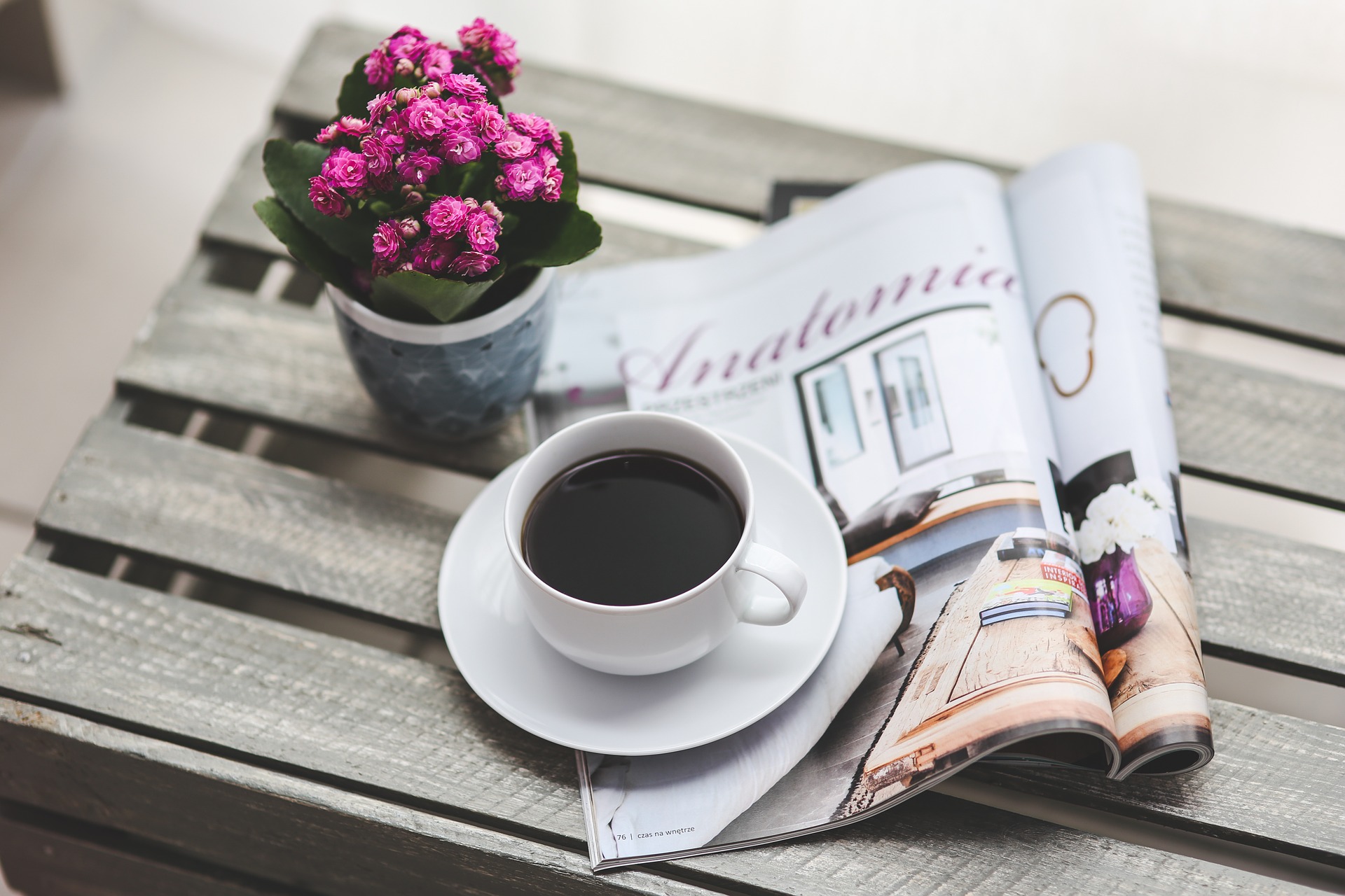 Puulaatikko pöydällä aikakausilehti, jonka päällä kahvia kupissa. vasemmassa laidassa aniliininpunainen kukka ruukussa.