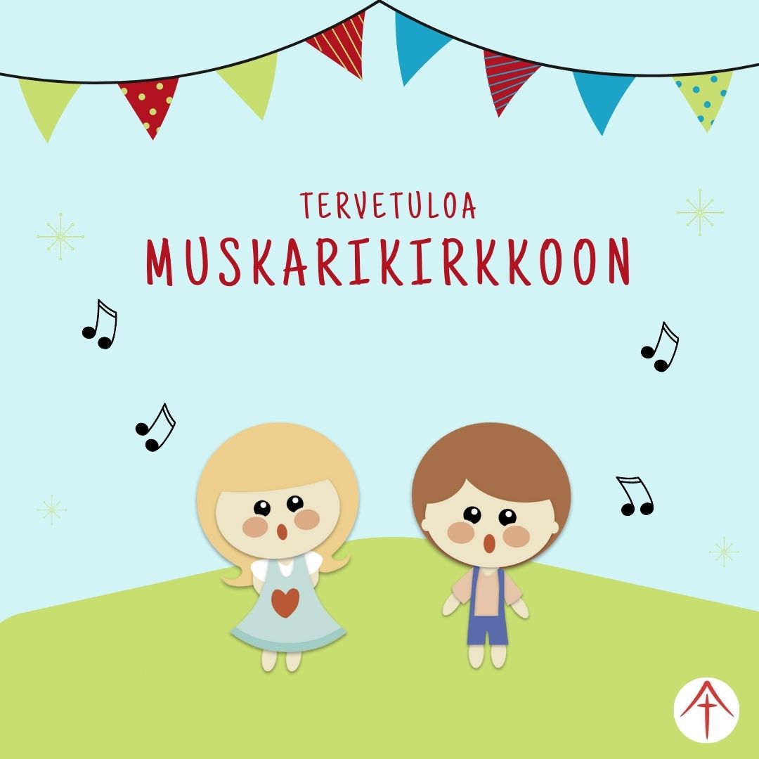 Muskarikirkko Kuvassa on piirrettyinä hahmoina tyttö ja poika ja he laulavat.