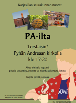 mainoskuva PA-illasta, Tekstinä tiedot, kuvana piirroskuva nuoresta ja kahvikupista