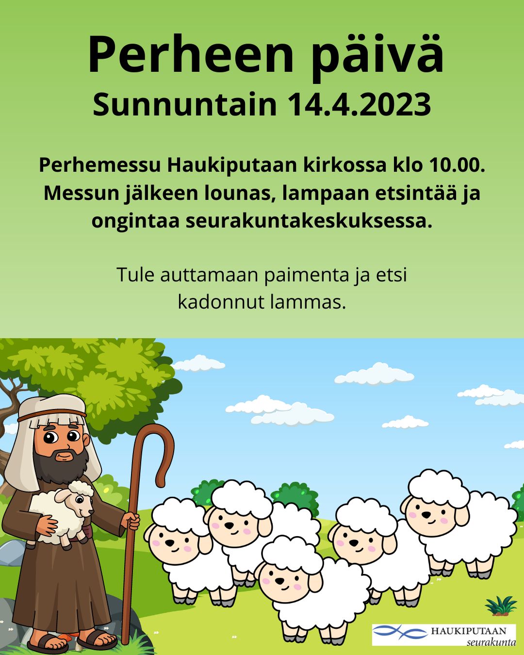 Kuvassa paimen ja lampaita sekä tässä ilmoituksessa oleva teksti