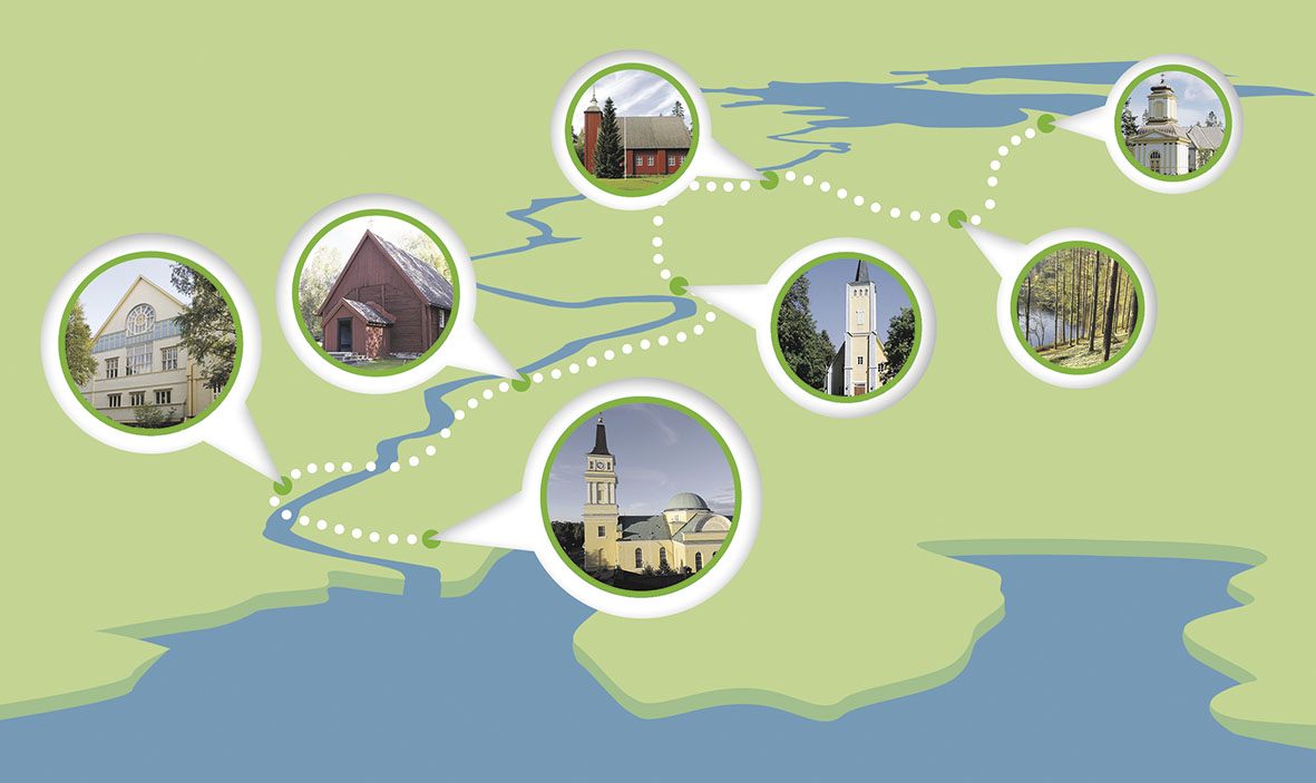 Kuvassa on Oulujoen pyhiinvaellusreitin kartta kirkkoineen