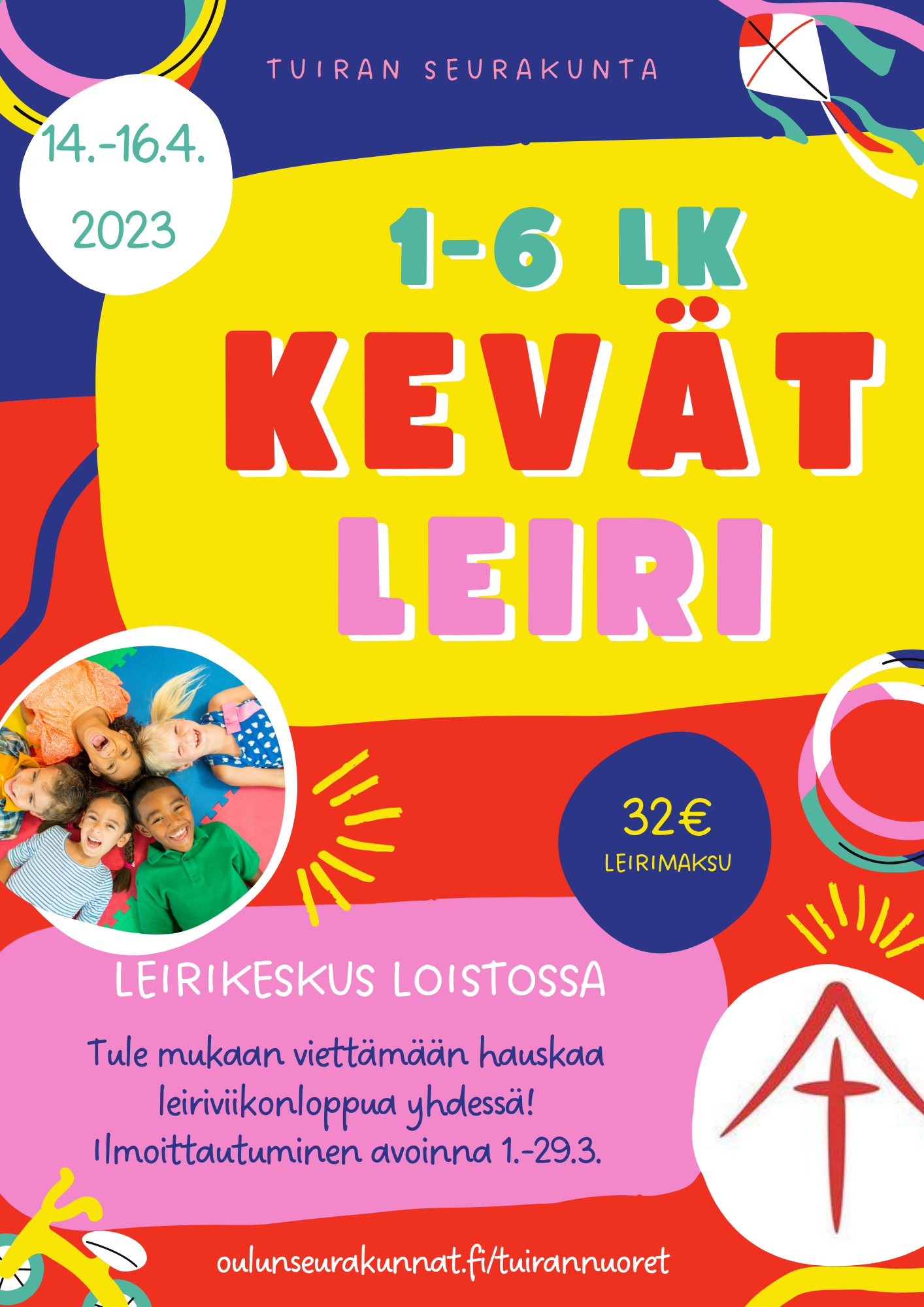Tuiran seurakunnan alakouluikäisten kevätleiri värikäs leirimainos
