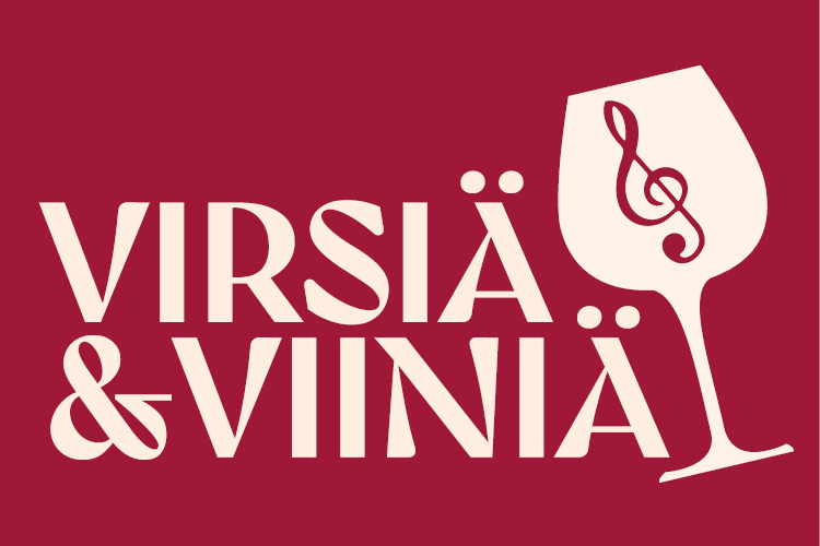 Virsiä ja viiniä - vieraana laulaja-lauluntekijä Iina Palokangas Piirretty viinilasi, jonka sisällä nuottiavain. Teksti: Virsiä ja viiniä.