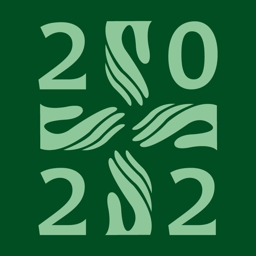 Tumman vihreä tausta, käsistä muodostuva risti ja luku 2022. Diakonian juhlavuoden logot.